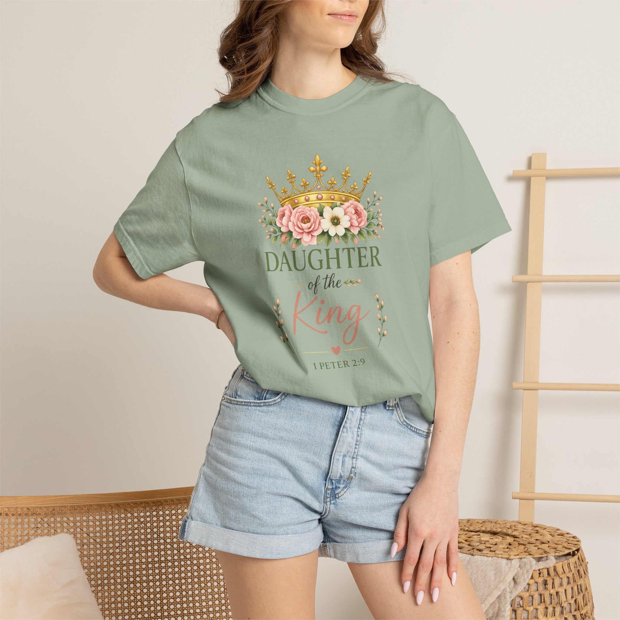 Daughter of the King Comfort Colors® Christian T-Shirt | 1 Peter 2:9 Bible Verse Shirt | Faith-Based Women's Graphic Tee | Floral Crown Christian Gif