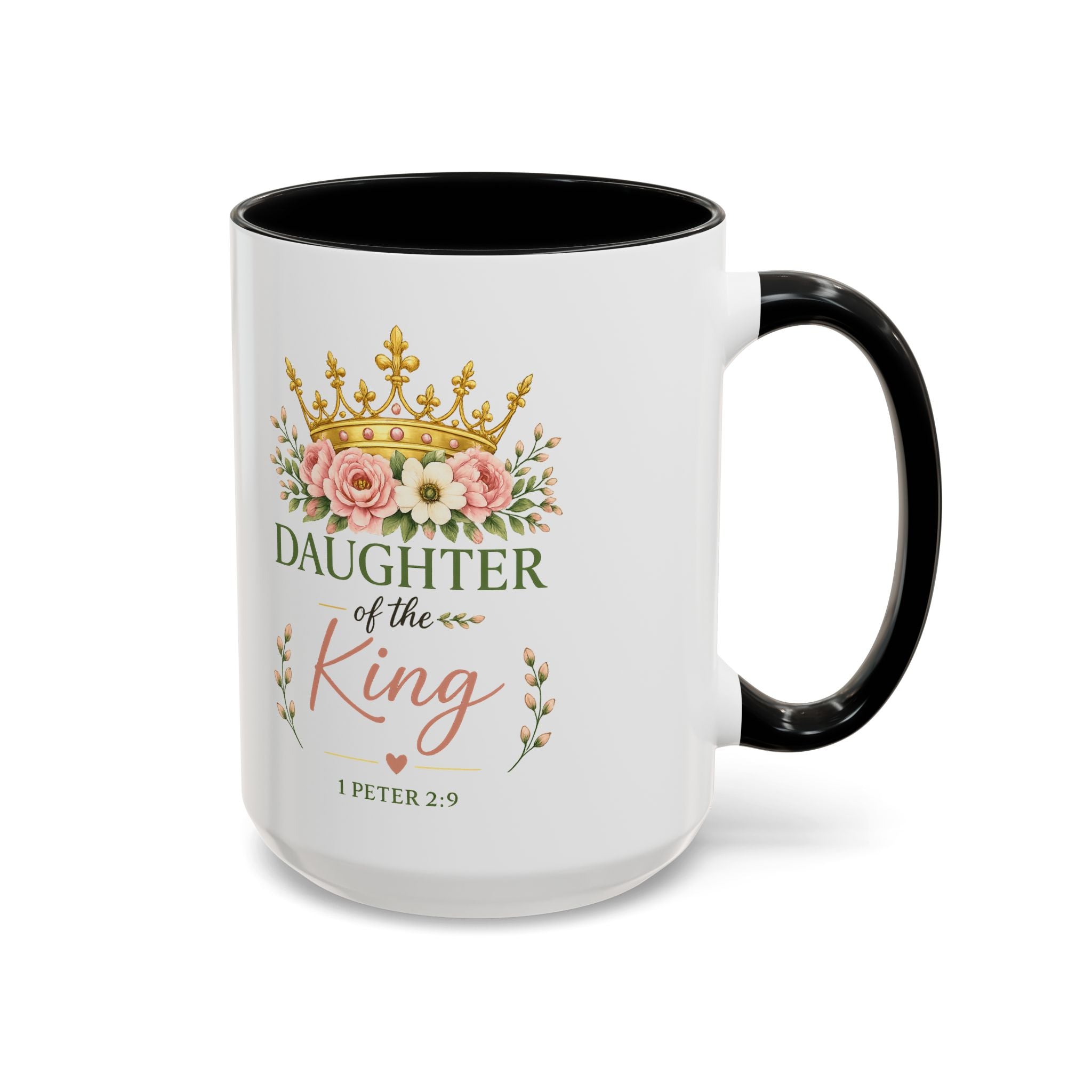 Daughter of the King Accent Coffee Mug | Christian Mug with 1 Peter 2:9 | Faith-Based Gift for Women | Bible Verse Coffee Cup | 11oz & 15oz