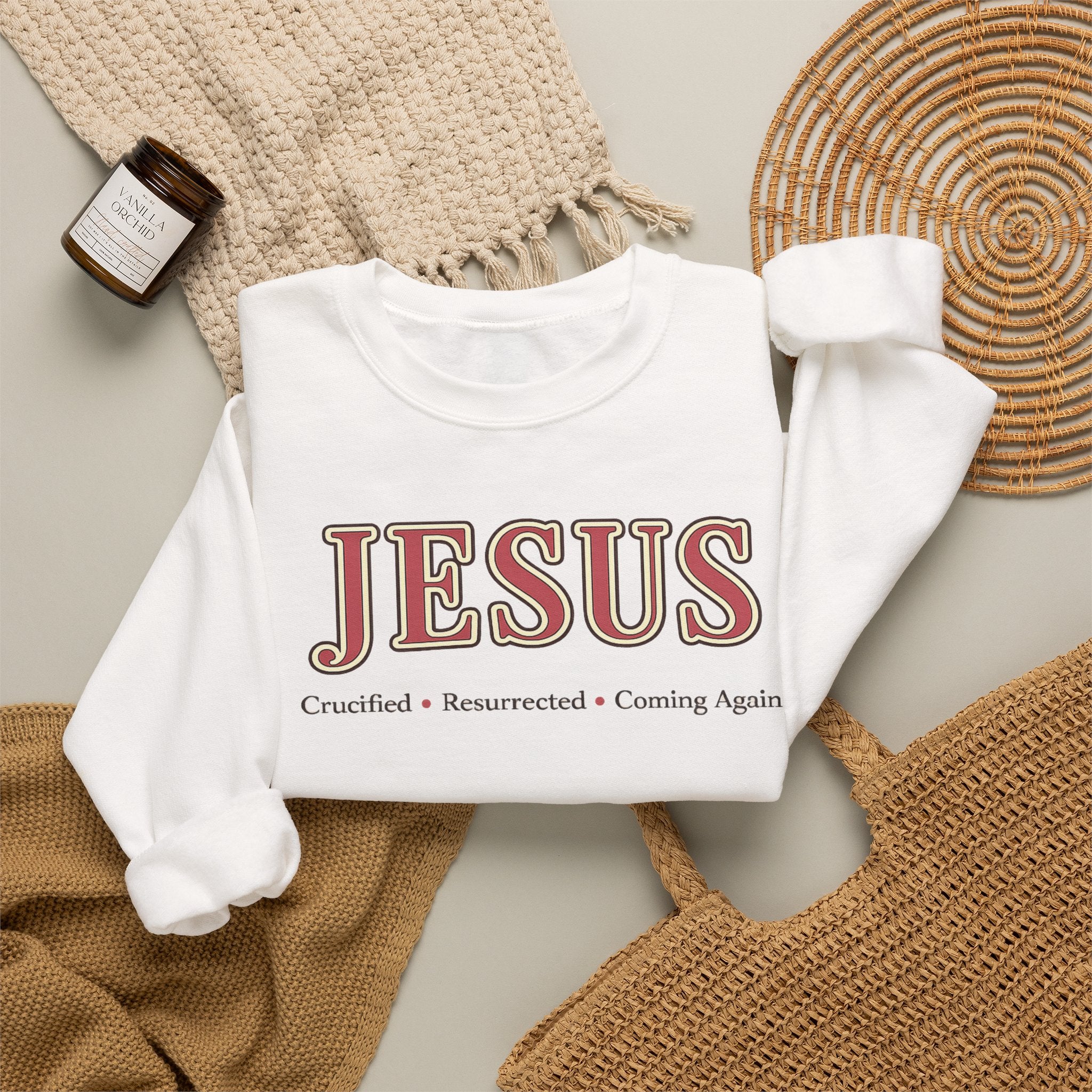 The JESUS Collection Christian Sweatshirt | Cozy Faith-Based Crewneck | Crucified • Resurrected • Coming Again | Christian Gift for Women