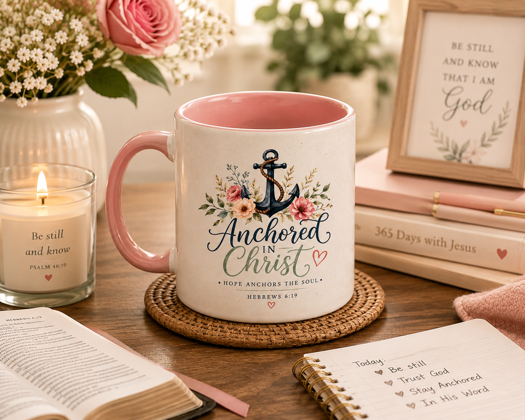 Anchored in Christ Christian Accent Coffee Mug | Hebrews 6:19 Bible Verse Mug | Faith-Based Coffee Cup | Christian Gift for Women & Men | 11oz & 15oz