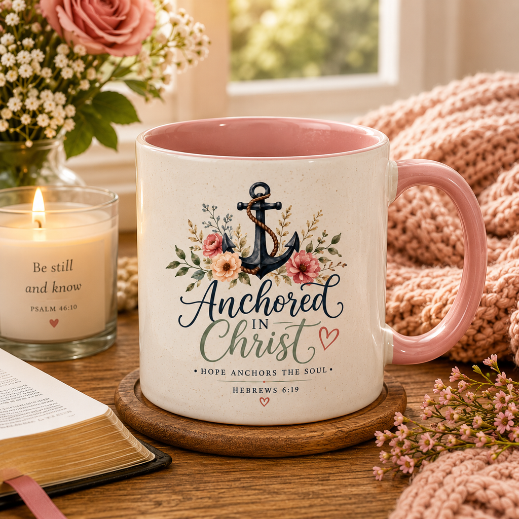 Anchored in Christ Christian Accent Coffee Mug | Hebrews 6:19 Bible Verse Mug | Faith-Based Coffee Cup | Christian Gift for Women & Men | 11oz & 15oz