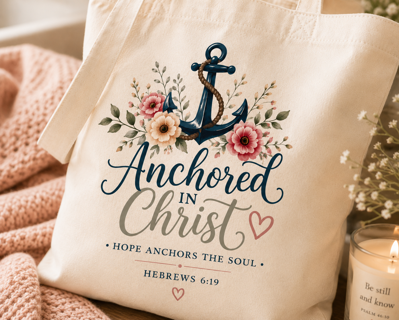 Anchored in Christ Christian Tote Bag | Hebrews 6:19 Scripture Tote | Floral Bible Bag | Reusable Faith Tote | Christian Gift for Women