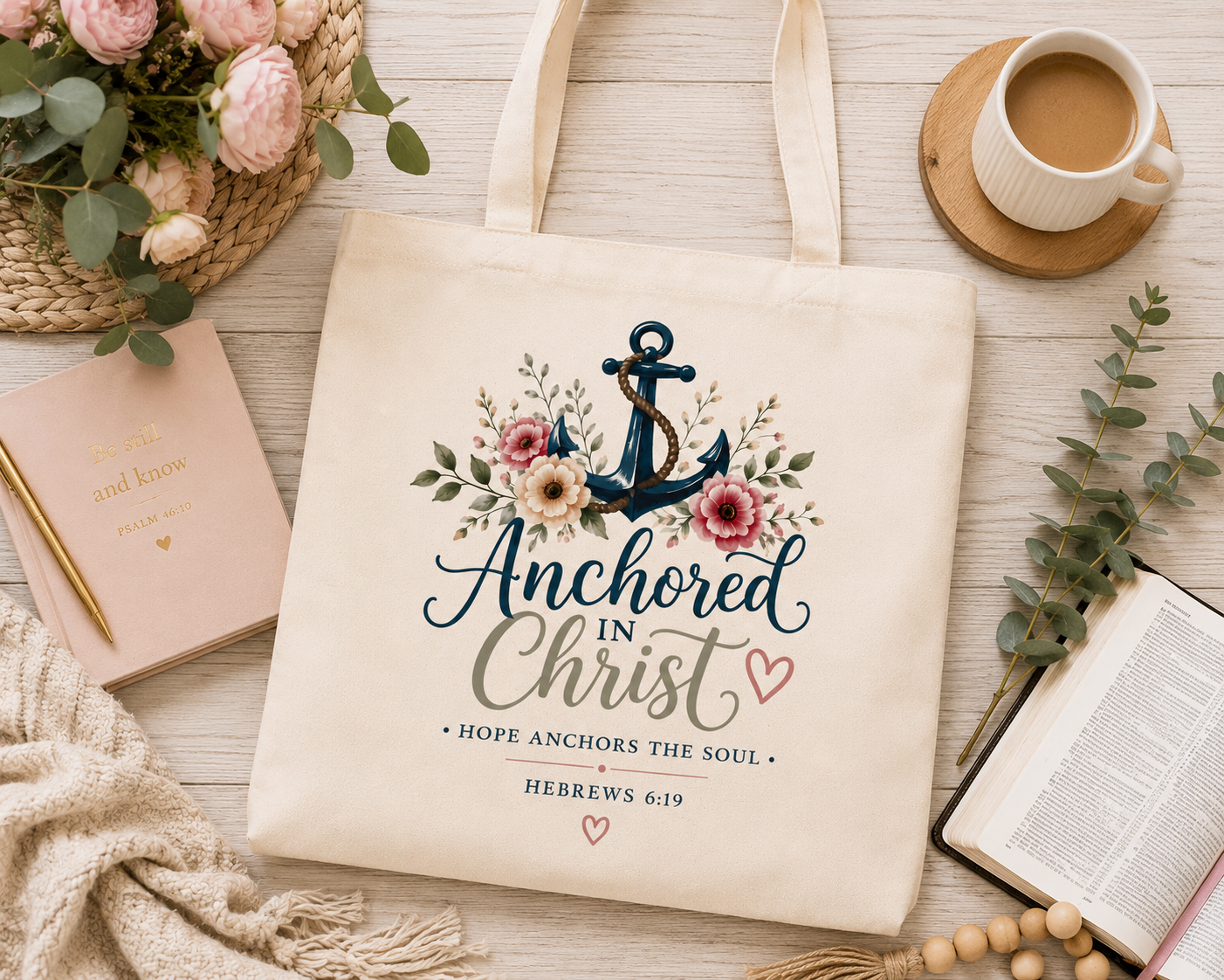 Anchored in Christ Christian Tote Bag | Hebrews 6:19 Scripture Tote | Floral Bible Bag | Reusable Faith Tote | Christian Gift for Women