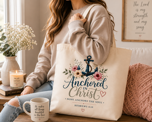 Anchored in Christ Christian Tote Bag | Hebrews 6:19 Scripture Tote | Floral Bible Bag | Reusable Faith Tote | Christian Gift for Women