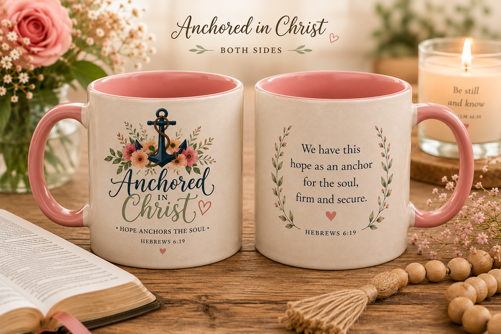 Anchored in Christ Christian Accent Coffee Mug | Hebrews 6:19 Bible Verse Mug | Faith-Based Coffee Cup | Christian Gift for Women & Men | 11oz & 15oz
