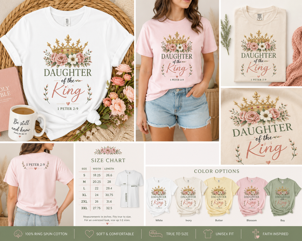 Daughter of the King Comfort Colors® Christian T-Shirt | 1 Peter 2:9 Bible Verse Shirt | Faith-Based Women's Graphic Tee | Floral Crown Christian Gif
