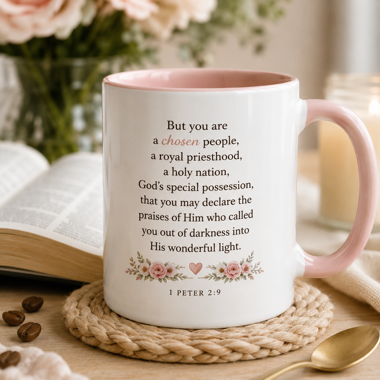 Daughter of the King Accent Coffee Mug | Christian Mug with 1 Peter 2:9 | Faith-Based Gift for Women | Bible Verse Coffee Cup | 11oz & 15oz