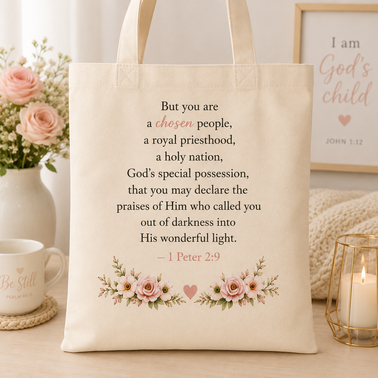 Daughter of the King Christian Tote Bag | 1 Peter 2:9 Floral Canvas Tote | Faith Gift for Women | Bible Verse Reusable Shopping Bag