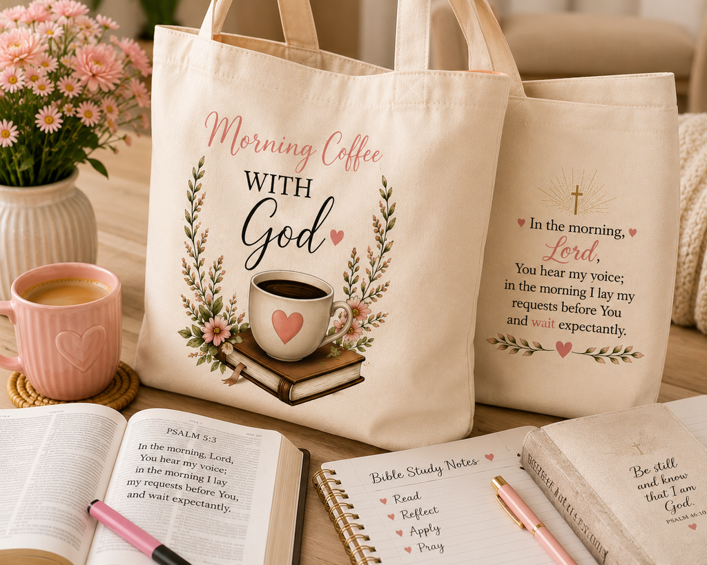 Morning Coffee with God Canvas Tote Bag | Christian Tote Bag | Psalm 5:3 Bible Verse Tote | Faith-Based Gift for Women | Bible Study Bag