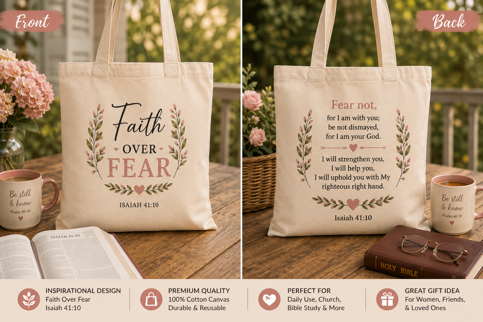 Faith Over Fear Christian Tote Bag | Isaiah 41:10 Scripture Canvas Tote | Bible Study Gift | Still Waters Daily Ministry