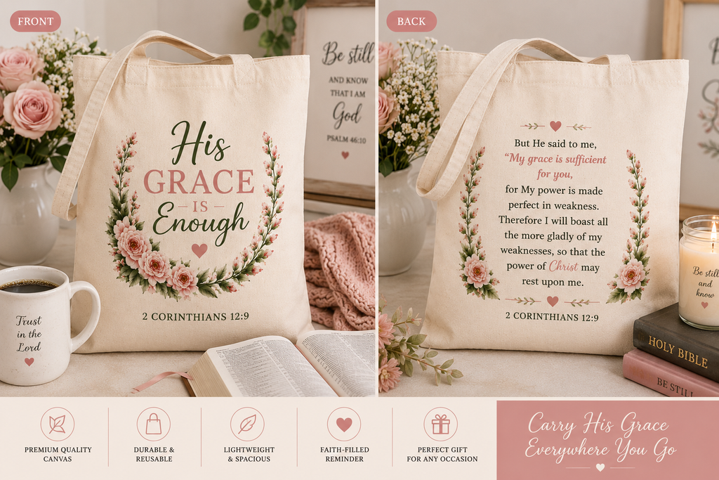 His Grace Is Enough Christian Tote Bag | 2 Corinthians 12:9 Bible Verse Canvas Bag | Christian Gift for Women | Reusable Scripture Tote | Faith Everyday Bag