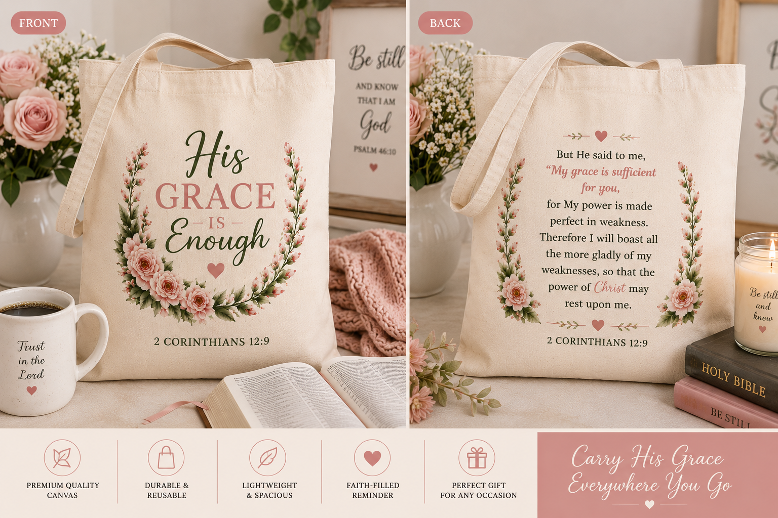 His Grace Is Enough Christian Tote Bag | 2 Corinthians 12:9 Bible Verse Canvas Bag | Christian Gift for Women | Reusable Scripture Tote | Faith Everyday Bag