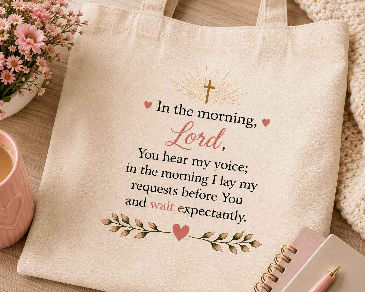 Morning Coffee with God Canvas Tote Bag | Christian Tote Bag | Psalm 5:3 Bible Verse Tote | Faith-Based Gift for Women | Bible Study Bag