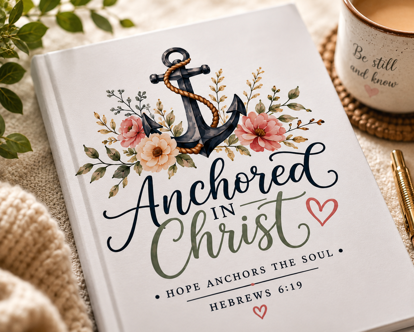 Anchored in Christ Hardcover Journal — Floral Anchor Bible Verse Notebook (Hebrews 6:19)