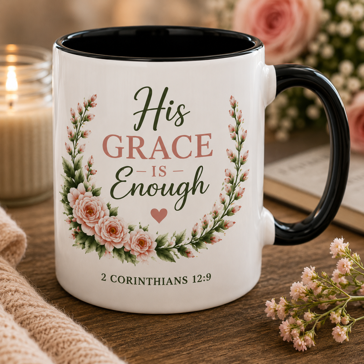 His Grace Is Enough Christian Accent Mug | 2 Corinthians 12:9 Bible Verse Coffee Mug | Faith Gift for Women | Christian Coffee Cup | Scripture Mug