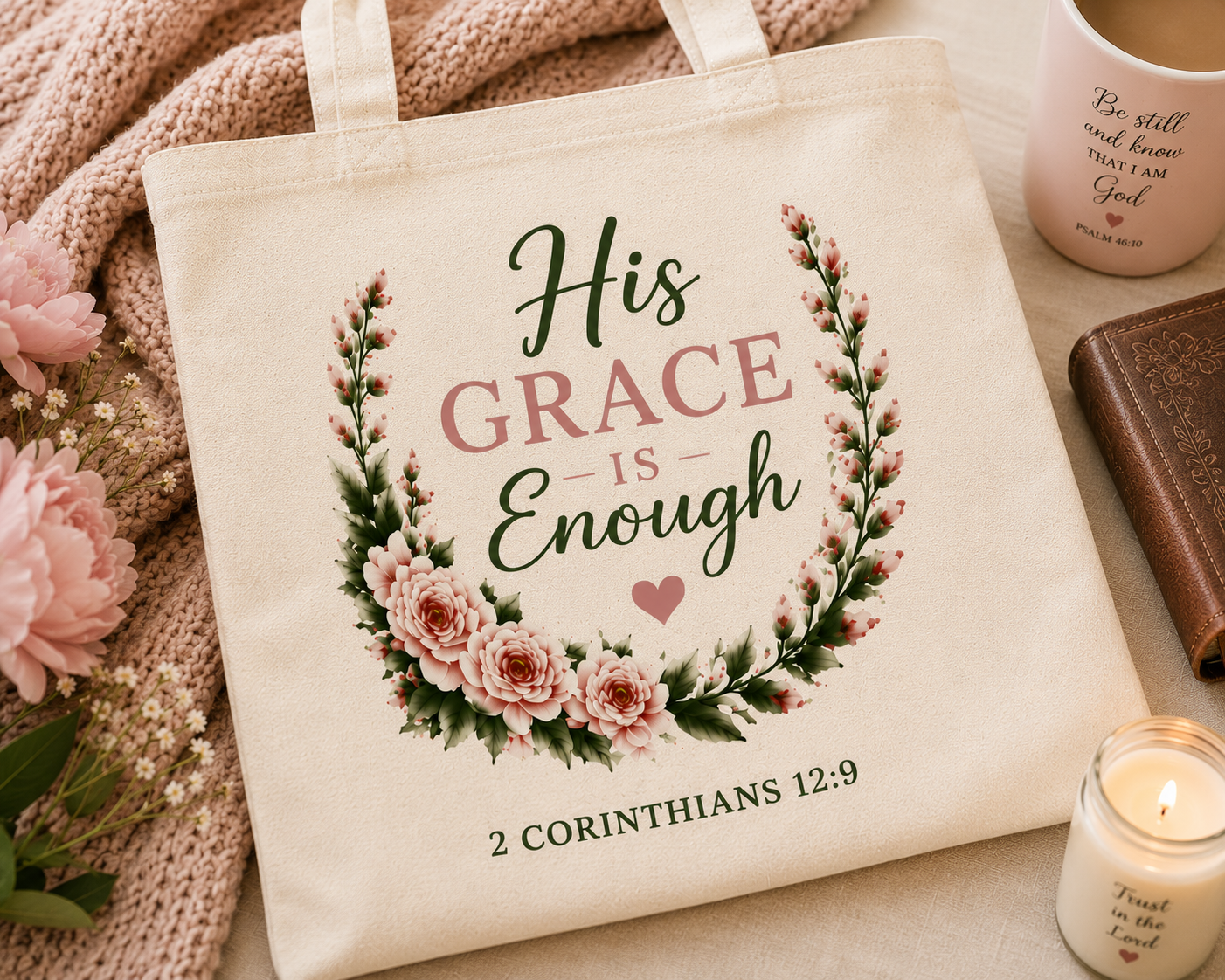 His Grace Is Enough Christian Tote Bag | 2 Corinthians 12:9 Bible Verse Canvas Bag | Christian Gift for Women | Reusable Scripture Tote | Faith Everyday Bag