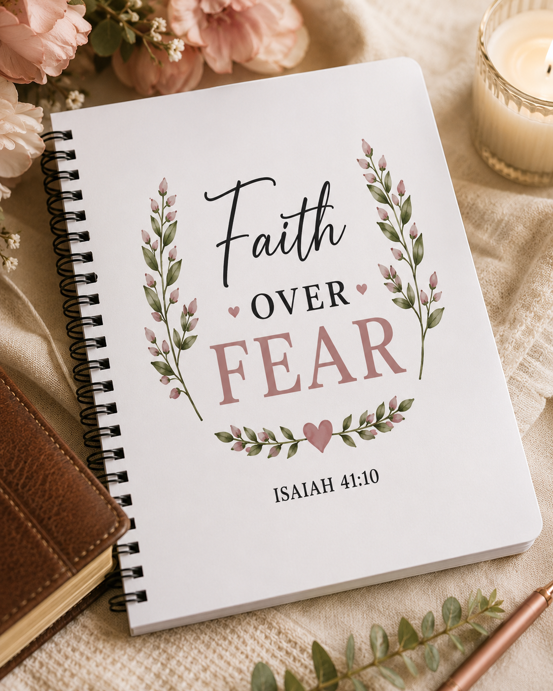 Faith Over Fear Spiral Notebook | Isaiah 41:10 Christian Journal | Bible Study Notebook | Prayer and Sermon Notes | Faith Gift for Women