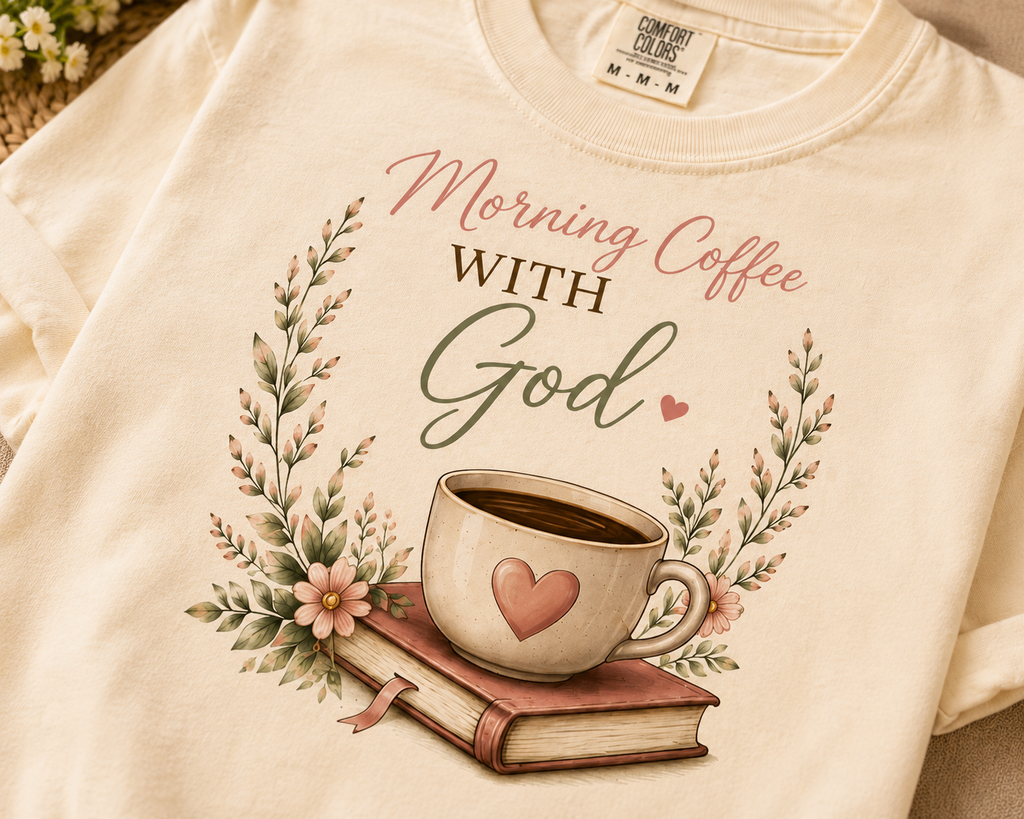 Morning Coffee with God Christian T-Shirt | Faith-Based Graphic Tee | Psalm 5:3 Inspirational Shirt | Bible Study Shirt | Christian Gift for Women