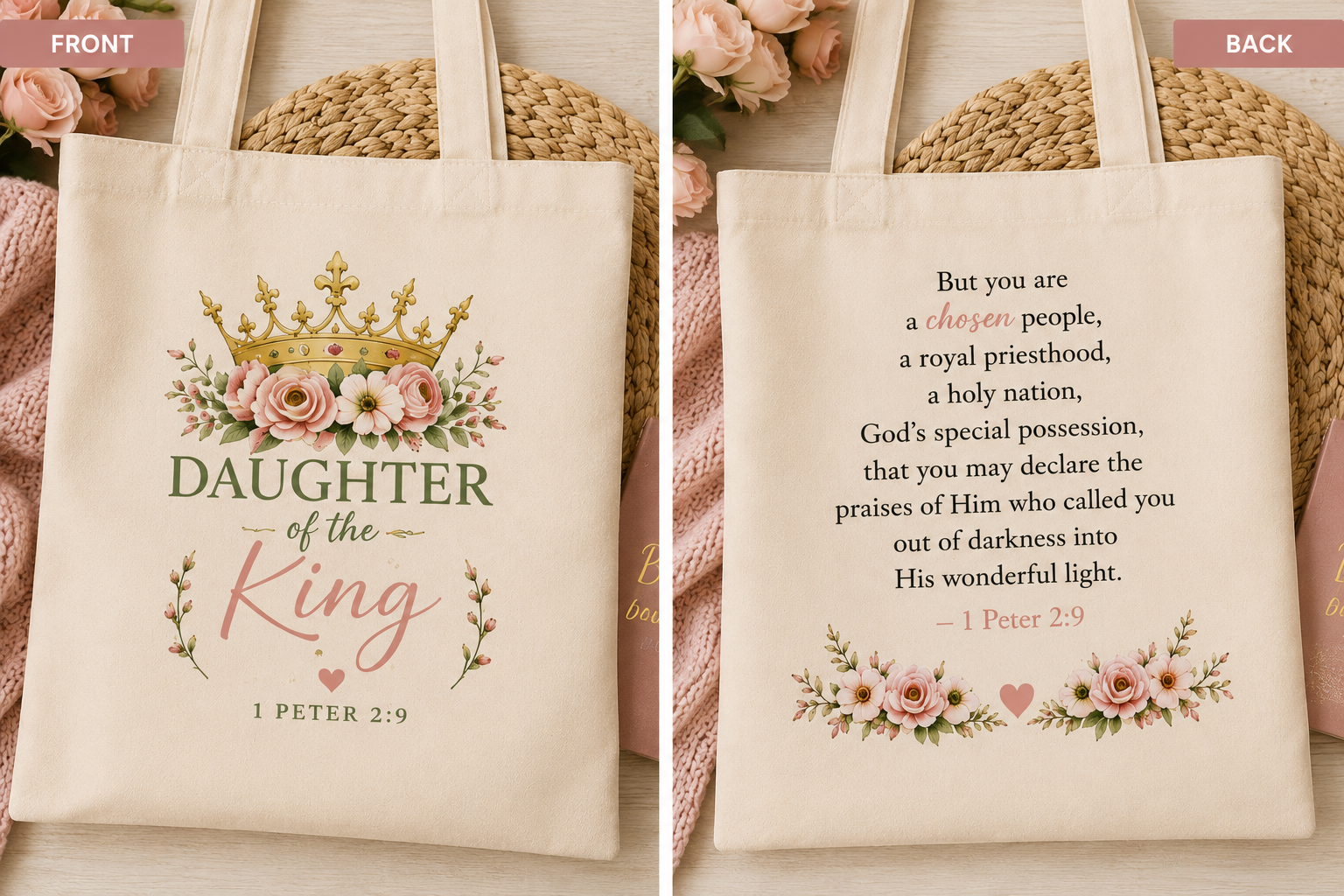 Daughter of the King Christian Tote Bag | 1 Peter 2:9 Floral Canvas Tote | Faith Gift for Women | Bible Verse Reusable Shopping Bag