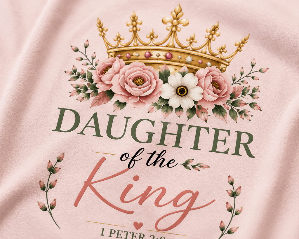 Daughter of the King Comfort Colors® Christian T-Shirt | 1 Peter 2:9 Bible Verse Shirt | Faith-Based Women's Graphic Tee | Floral Crown Christian Gif