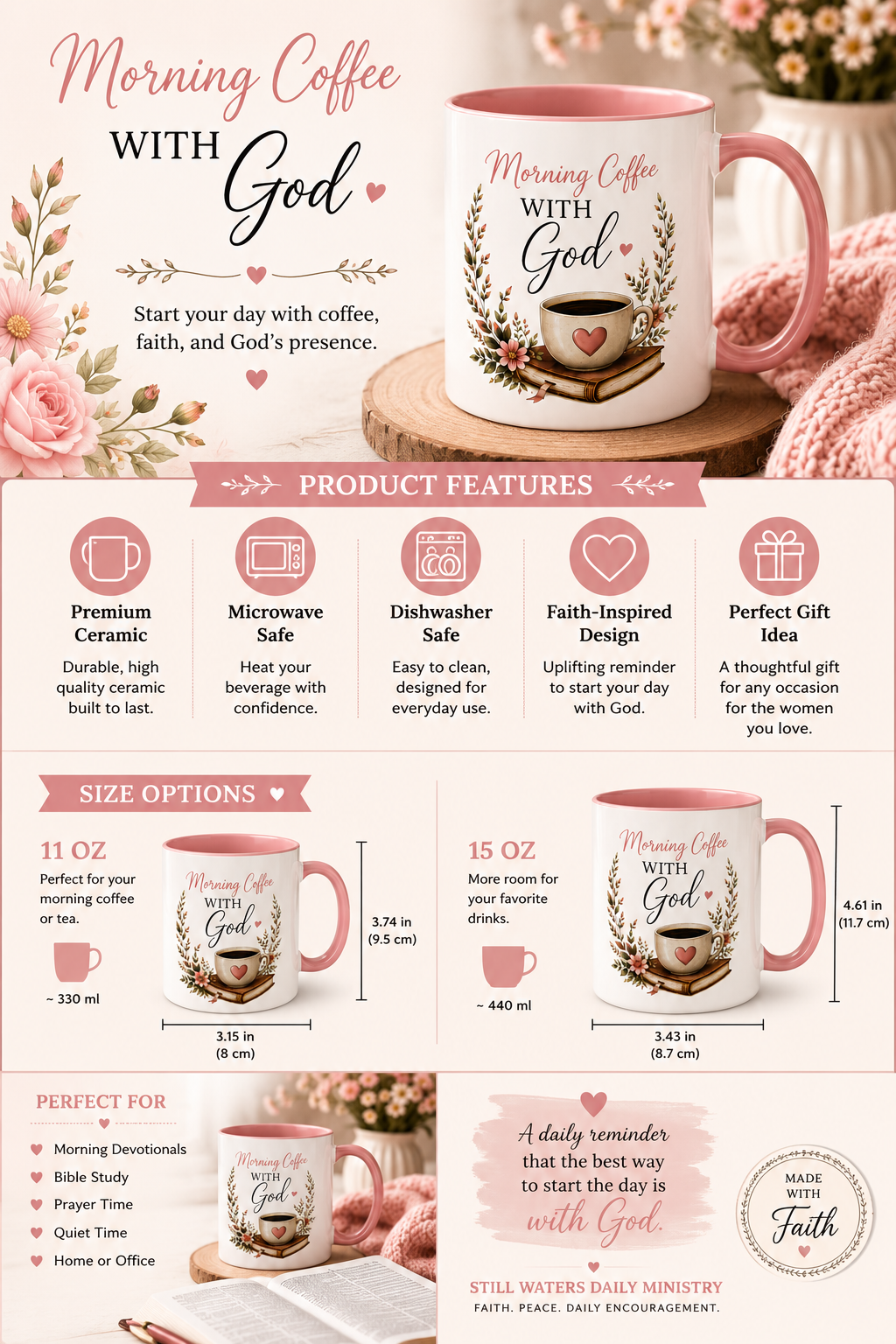 Morning Coffee with God Christian Mug | Psalm 5:3 Bible Verse Coffee Cup | Faith-Based Gift for Women | Christian Devotional Mug