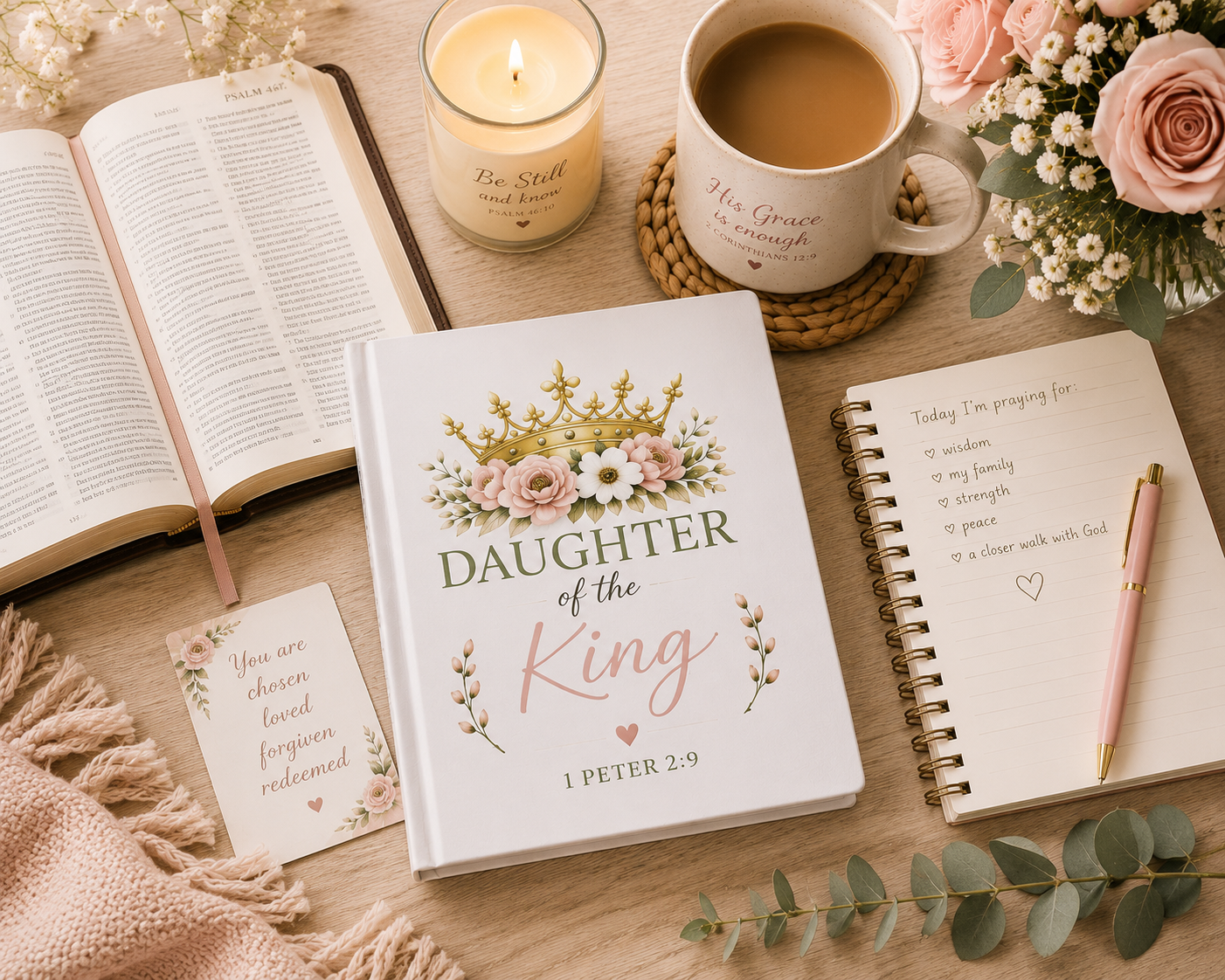 Daughter of the King Hardcover Journal | Christian Journal for Women | Bible Study Notebook | Prayer Journal | 1 Peter 2:9 | Faith Gift