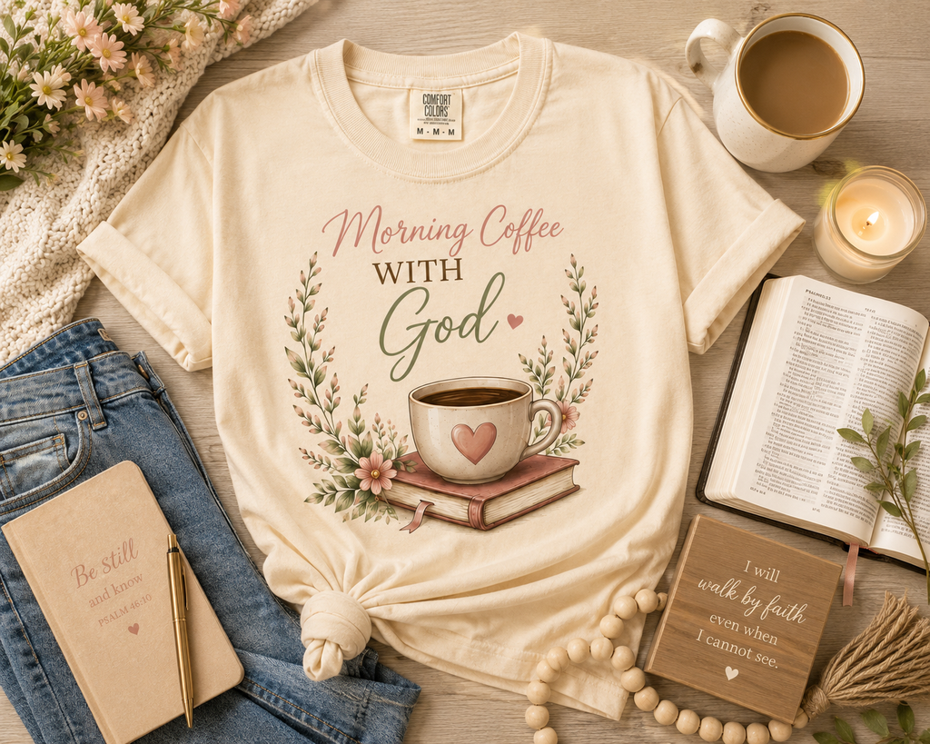 Morning Coffee with God Christian T-Shirt | Faith-Based Graphic Tee | Psalm 5:3 Inspirational Shirt | Bible Study Shirt | Christian Gift for Women