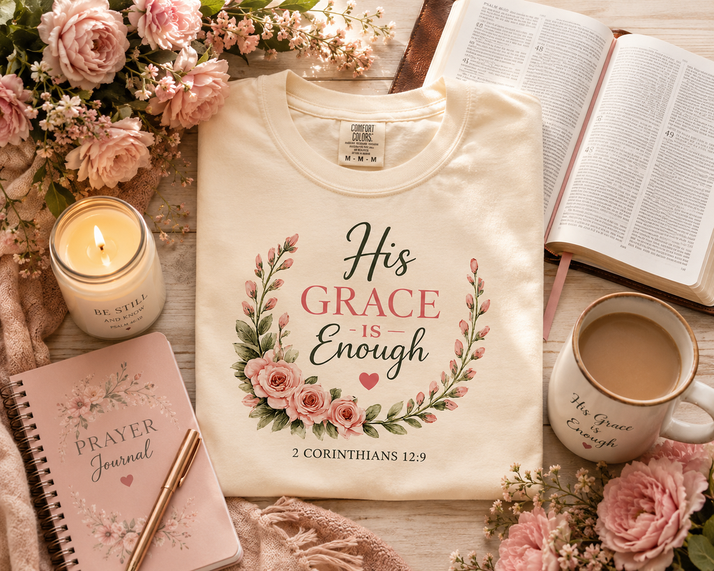 His Grace Is Enough Christian T-Shirt | 2 Corinthians 12:9 | Faith-Based Floral Shirt | Inspirational Bible Verse Tee | Christian Gift for Women