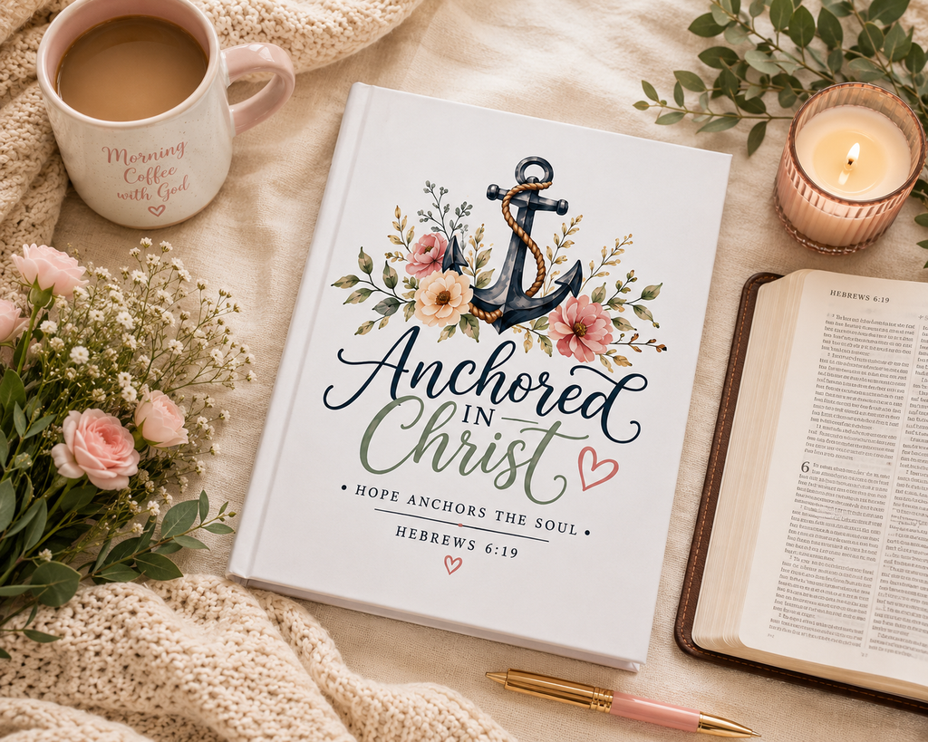 Anchored in Christ Hardcover Journal — Floral Anchor Bible Verse Notebook (Hebrews 6:19)