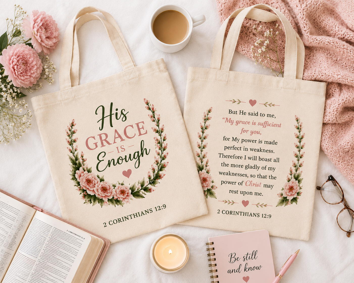 His Grace Is Enough Christian Tote Bag | 2 Corinthians 12:9 Bible Verse Canvas Bag | Christian Gift for Women | Reusable Scripture Tote | Faith Everyday Bag