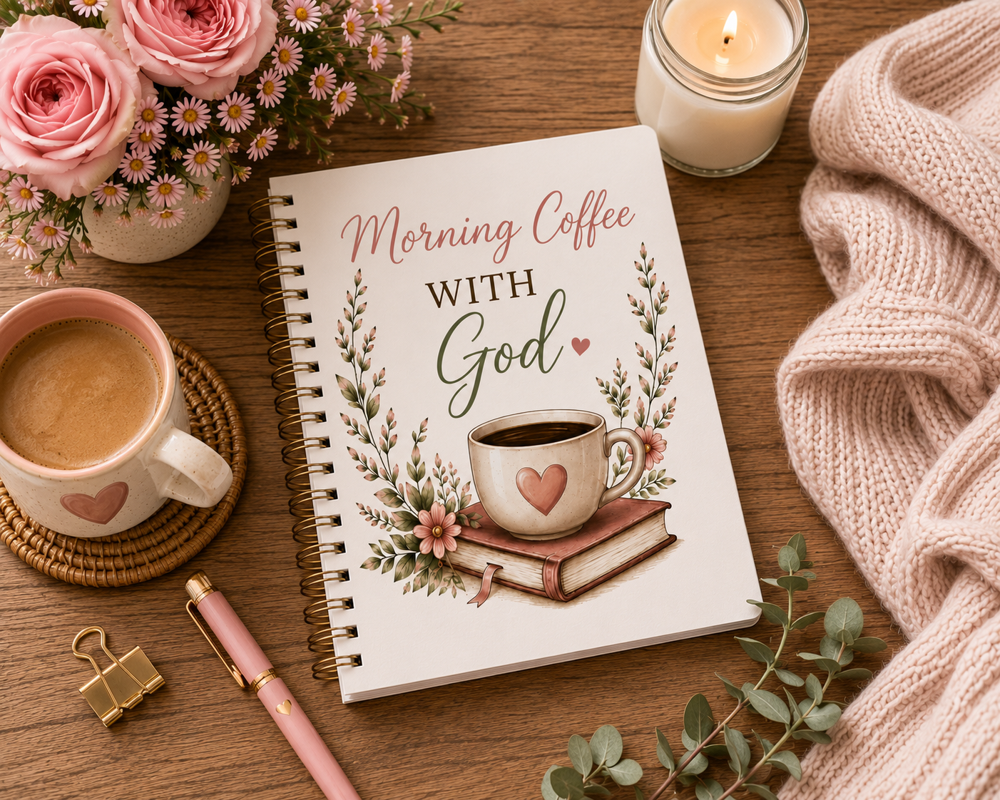 Morning Coffee with God Spiral Notebook | Christian Journal | Psalm 5:3 Bible Verse Notebook | Bible Study Notebook | Faith Gift for Women
