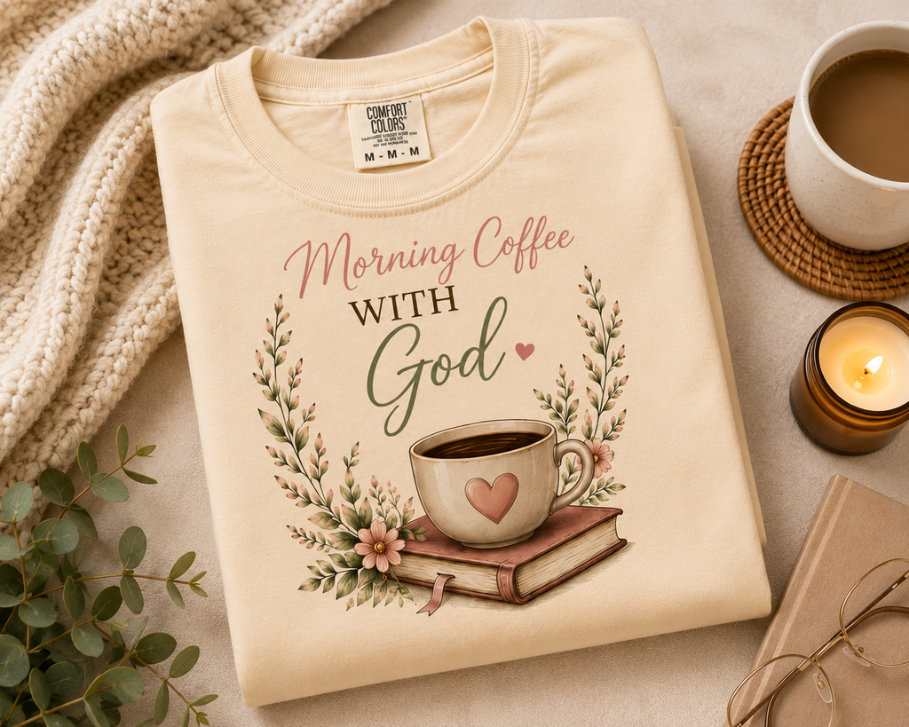 Morning Coffee with God Christian T-Shirt | Faith-Based Graphic Tee | Psalm 5:3 Inspirational Shirt | Bible Study Shirt | Christian Gift for Women