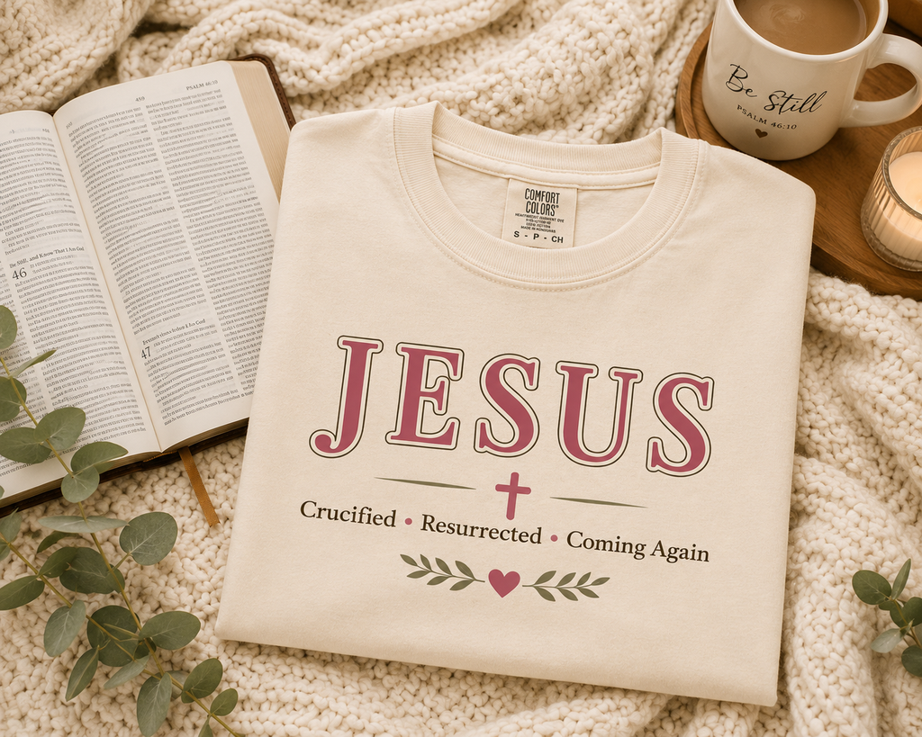 Jesus Crucified • Resurrected • Coming Again | Christian Comfort Colors T-Shirt | Faith-Based Graphic Tee | Christian Gift for Women