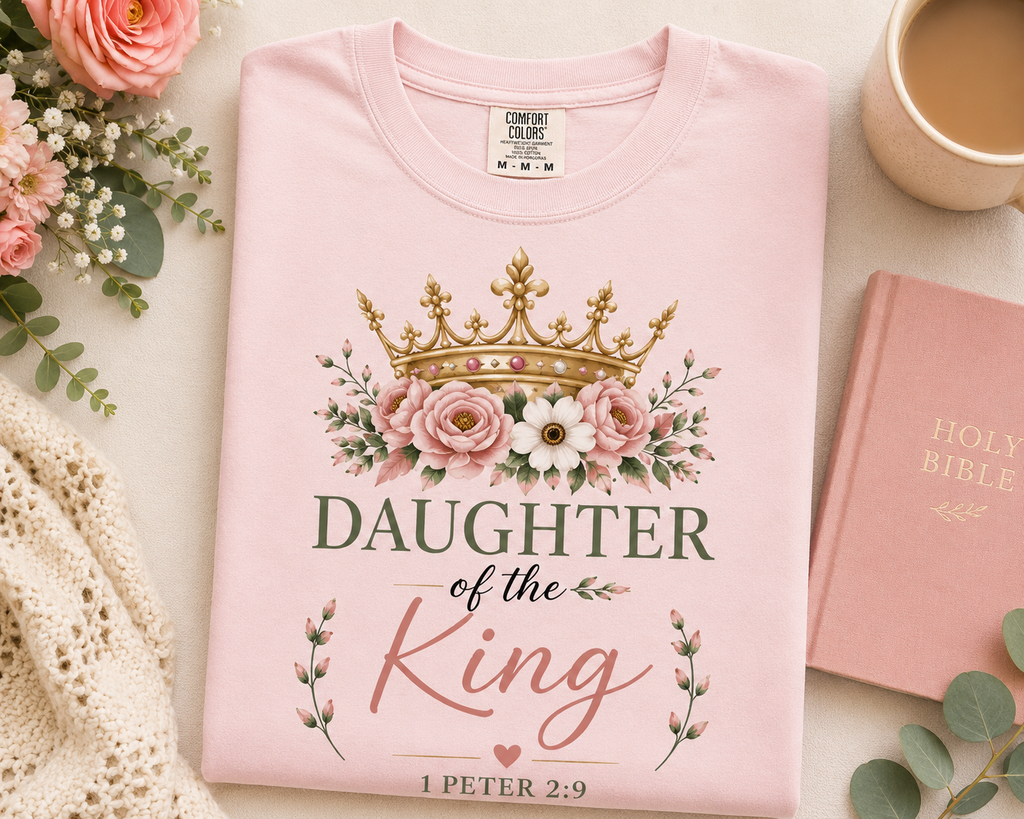 Daughter of the King Comfort Colors® Christian T-Shirt | 1 Peter 2:9 Bible Verse Shirt | Faith-Based Women's Graphic Tee | Floral Crown Christian Gif