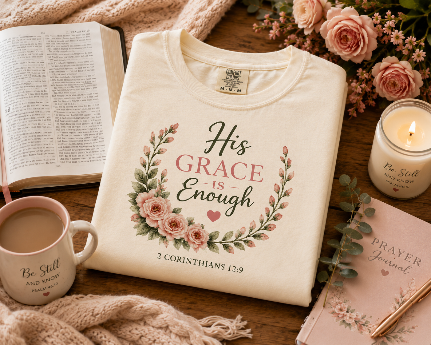 His Grace Is Enough Christian T-Shirt | 2 Corinthians 12:9 | Faith-Based Floral Shirt | Inspirational Bible Verse Tee | Christian Gift for Women
