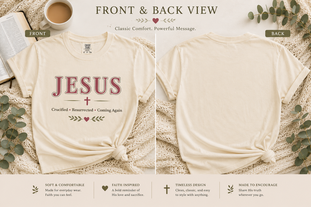 Jesus Crucified • Resurrected • Coming Again | Christian Comfort Colors T-Shirt | Faith-Based Graphic Tee | Christian Gift for Women