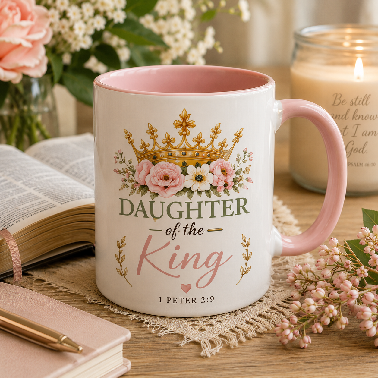 Daughter of the King Accent Coffee Mug | Christian Mug with 1 Peter 2:9 | Faith-Based Gift for Women | Bible Verse Coffee Cup | 11oz & 15oz