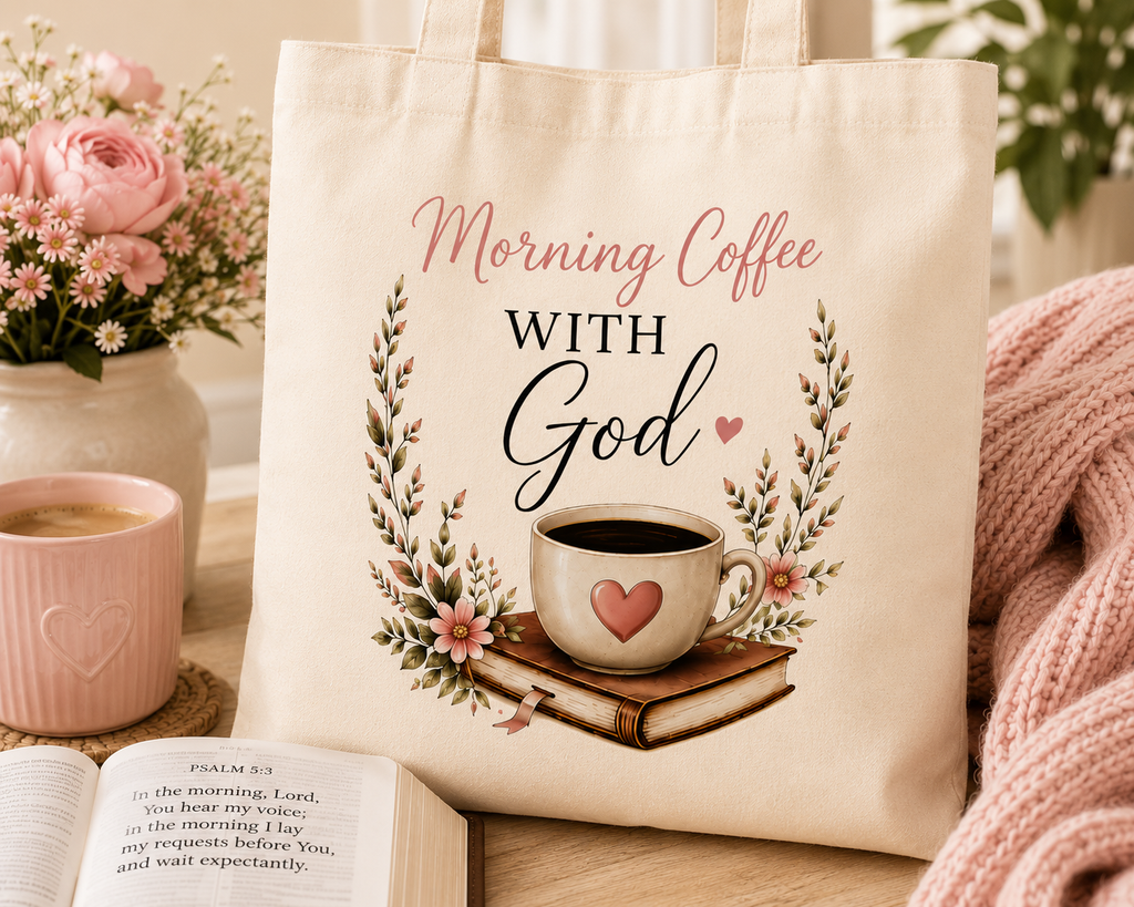 Morning Coffee with God Canvas Tote Bag | Christian Tote Bag | Psalm 5:3 Bible Verse Tote | Faith-Based Gift for Women | Bible Study Bag