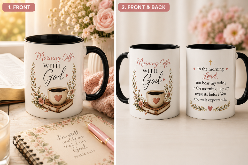 Morning Coffee with God Christian Mug | Psalm 5:3 Bible Verse Coffee Cup | Faith-Based Gift for Women | Christian Devotional Mug