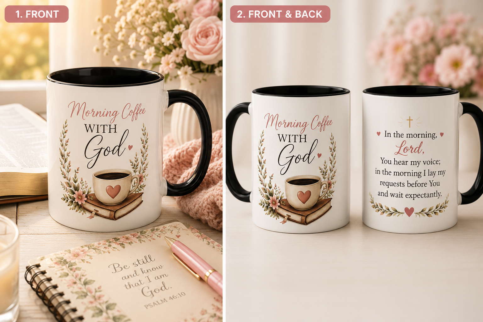 Morning Coffee with God Christian Mug | Psalm 5:3 Bible Verse Coffee Cup | Faith-Based Gift for Women | Christian Devotional Mug