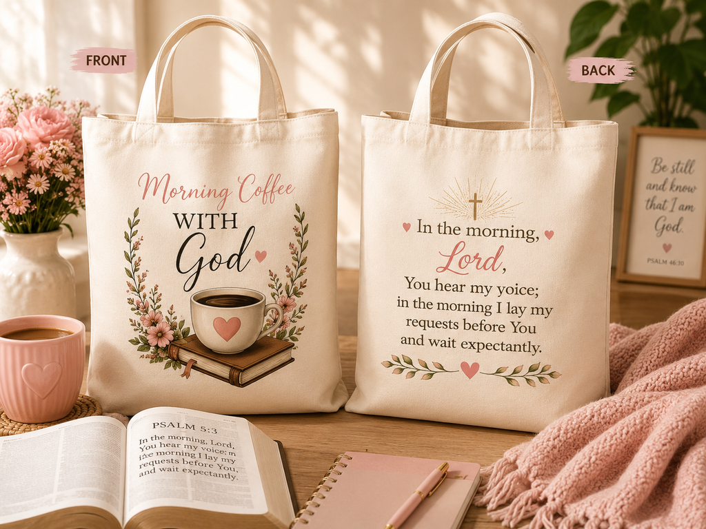 Morning Coffee with God Canvas Tote Bag | Christian Tote Bag | Psalm 5:3 Bible Verse Tote | Faith-Based Gift for Women | Bible Study Bag