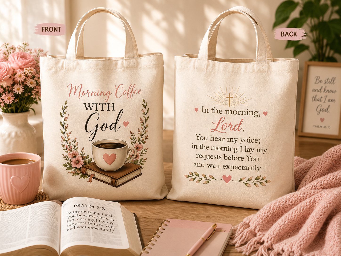 Morning Coffee with God Canvas Tote Bag | Christian Tote Bag | Psalm 5:3 Bible Verse Tote | Faith-Based Gift for Women | Bible Study Bag