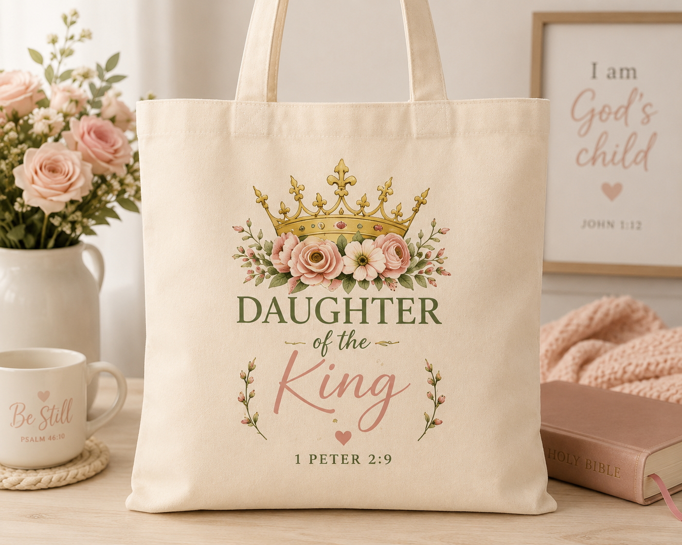 Daughter of the King Christian Tote Bag | 1 Peter 2:9 Floral Canvas Tote | Faith Gift for Women | Bible Verse Reusable Shopping Bag
