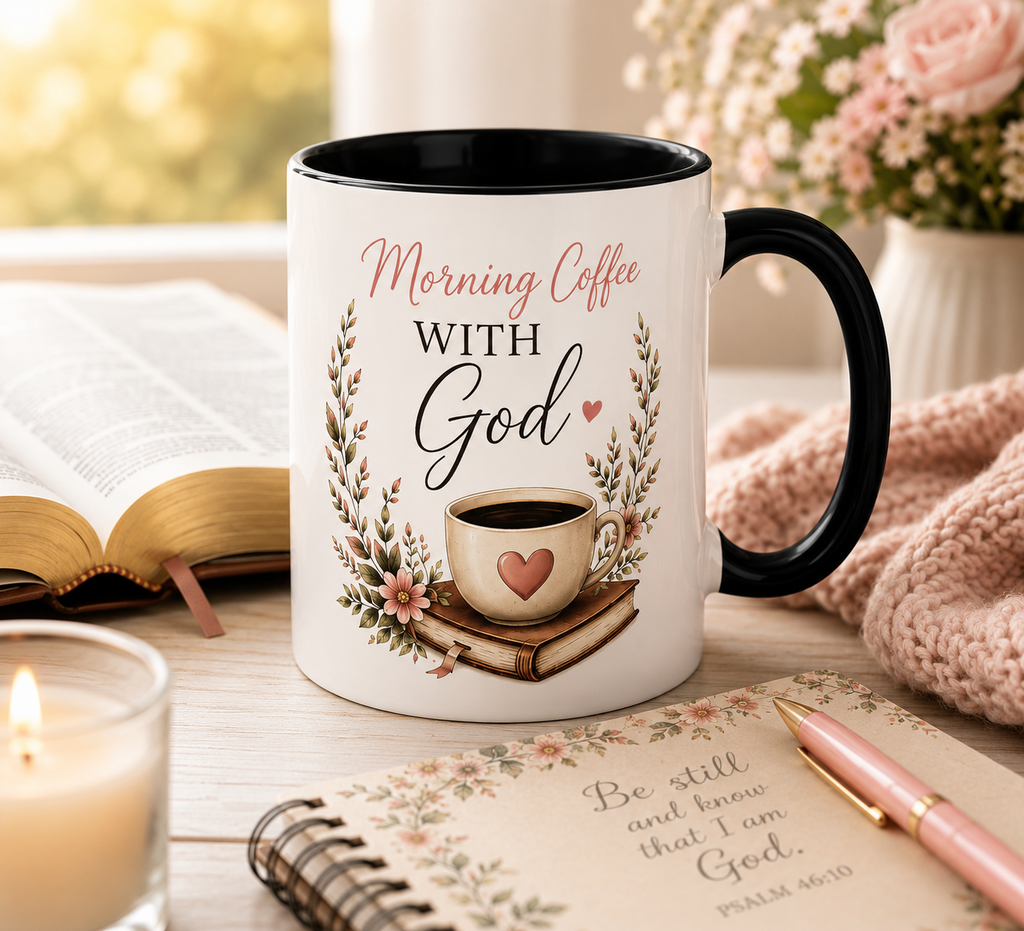 Morning Coffee with God Christian Mug | Psalm 5:3 Bible Verse Coffee Cup | Faith-Based Gift for Women | Christian Devotional Mug