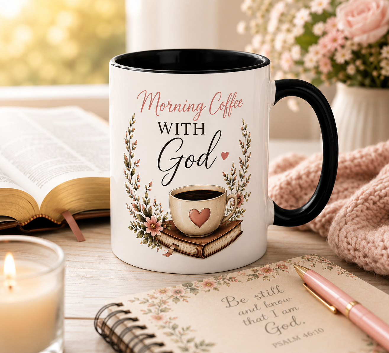 Morning Coffee with God Christian Mug | Psalm 5:3 Bible Verse Coffee Cup | Faith-Based Gift for Women | Christian Devotional Mug