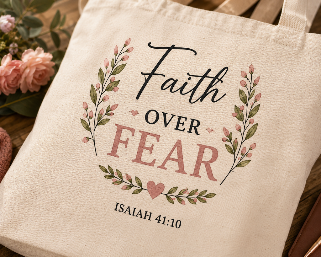 Faith Over Fear Christian Tote Bag | Isaiah 41:10 Scripture Canvas Tote | Bible Study Gift | Still Waters Daily Ministry
