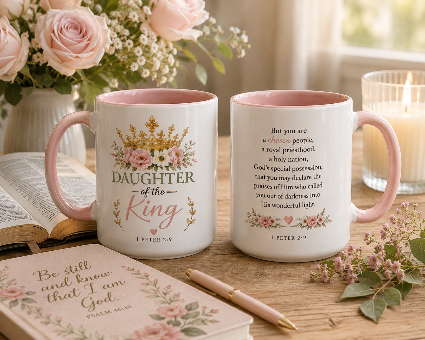 Daughter of the King Accent Coffee Mug | Christian Mug with 1 Peter 2:9 | Faith-Based Gift for Women | Bible Verse Coffee Cup | 11oz & 15oz