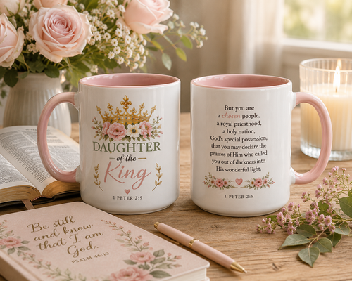 Daughter of the King Accent Coffee Mug | Christian Mug with 1 Peter 2:9 | Faith-Based Gift for Women | Bible Verse Coffee Cup | 11oz & 15oz