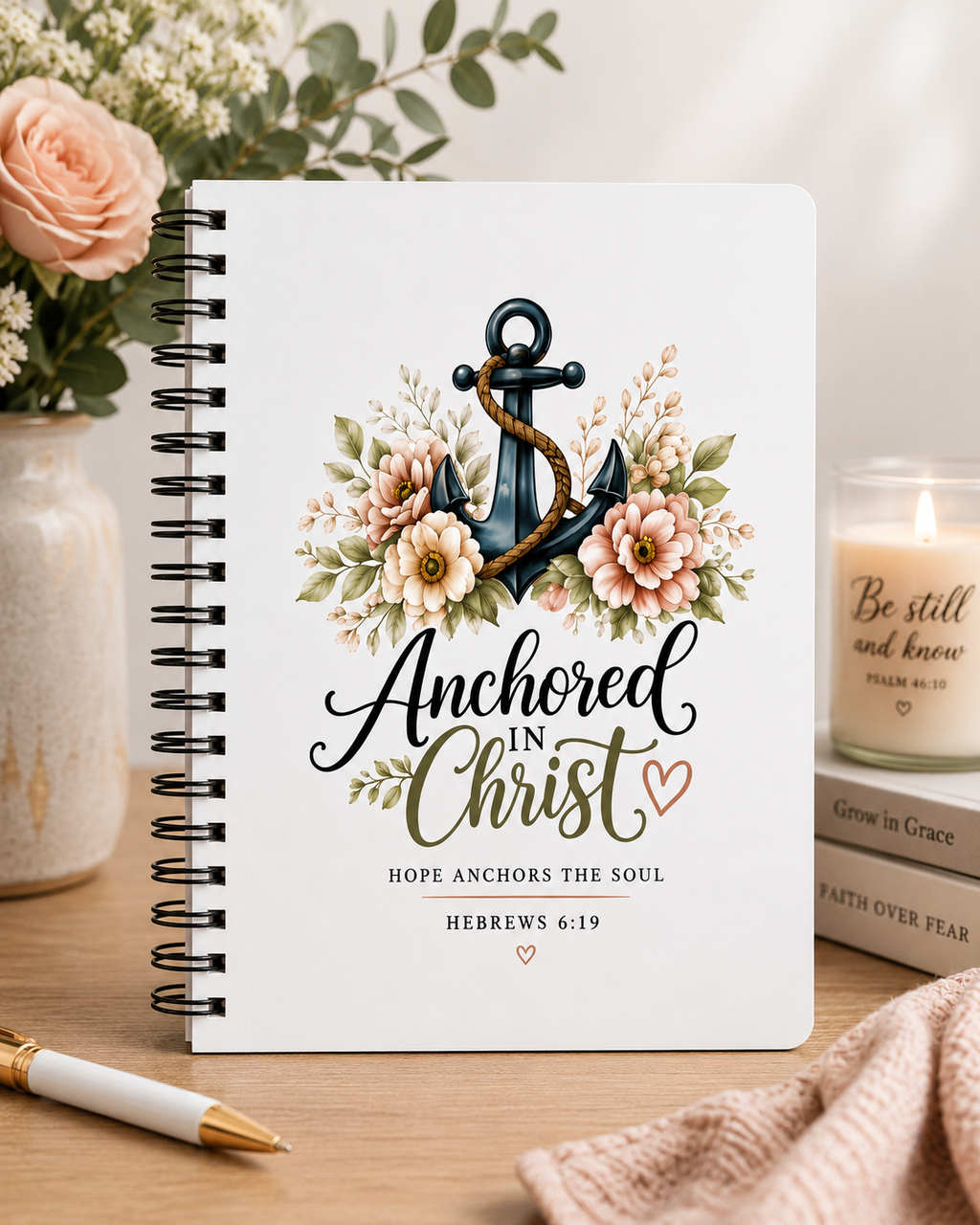 Anchored in Christ Christian Spiral Notebook | Hebrews 6:19 Faith Journal | Bible Study Notebook | Prayer Journal | Christian Gift for Women