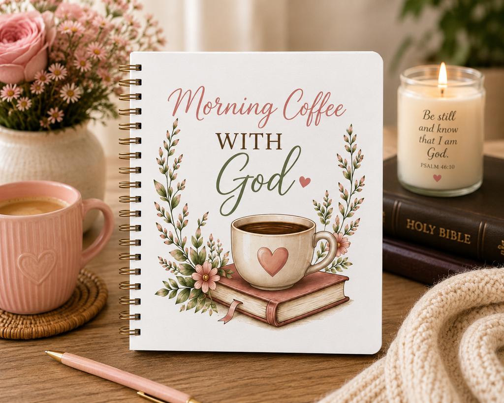 Morning Coffee with God Spiral Notebook | Christian Journal | Psalm 5:3 Bible Verse Notebook | Bible Study Notebook | Faith Gift for Women